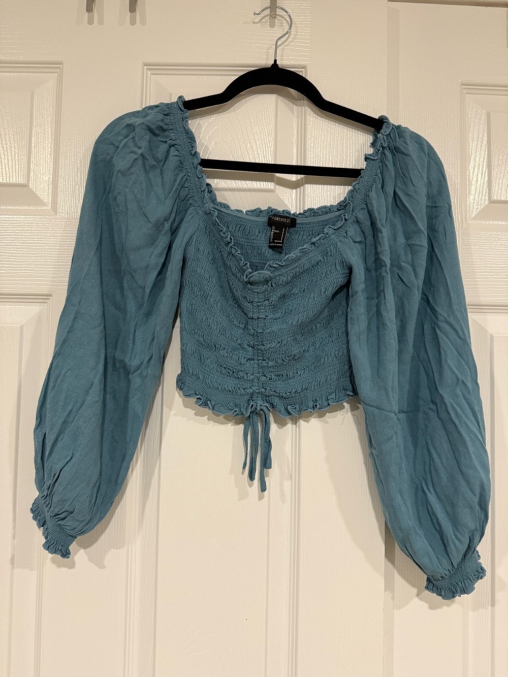 Forever 21 Teal Blue Smocked Peasant Crop Top